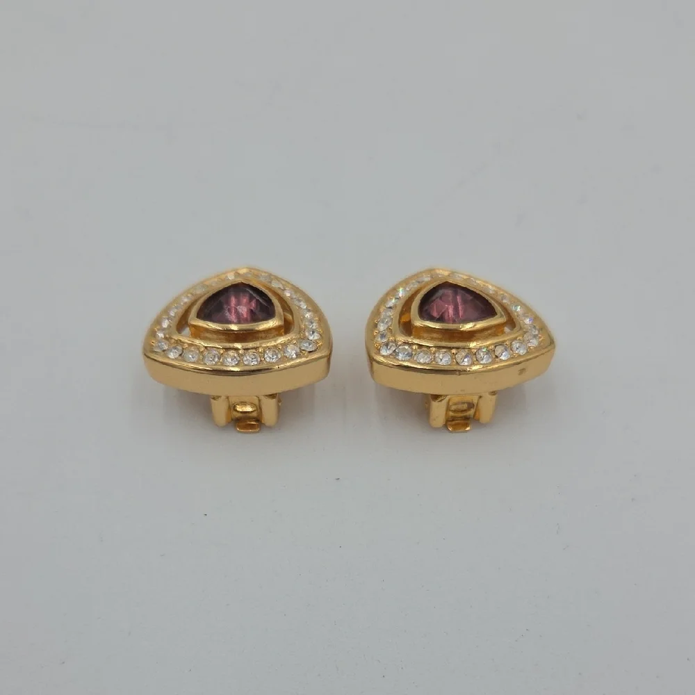 Vintage Christian Dior Amethyst Rhinestone Gold Clip On Earrings